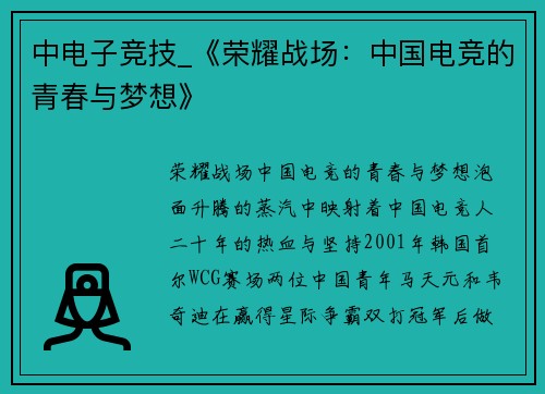中电子竞技_《荣耀战场：中国电竞的青春与梦想》